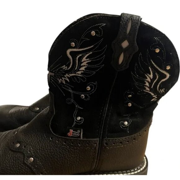 Justin Black Leather Western Boots With Embroidered Wing Design & Square Toe 8.5 - Picture 6 of 11